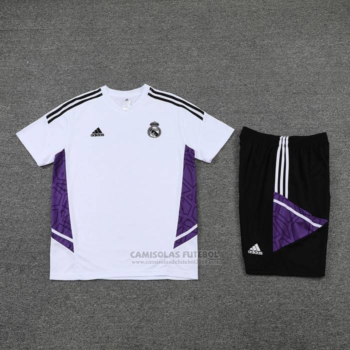 Fato de Treino Real Madrid Manga Curta 2022-2023 Branco Y Purpura - Calcas Curta